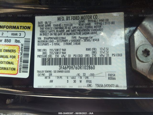 Photo 8 VIN: 3FA6P0H76DR102860 - FORD FUSION 