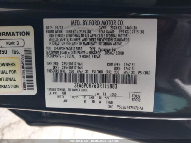 Photo 8 VIN: 3FA6P0H76DR115883 - FORD FUSION 