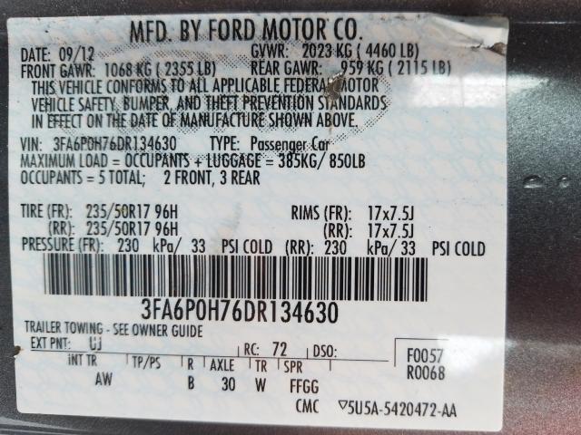 Photo 9 VIN: 3FA6P0H76DR134630 - FORD FUSION SE 