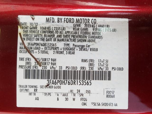 Photo 9 VIN: 3FA6P0H76DR153565 - FORD FUSION SE 