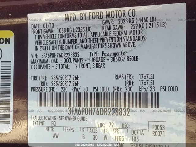 Photo 8 VIN: 3FA6P0H76DR228832 - FORD FUSION 