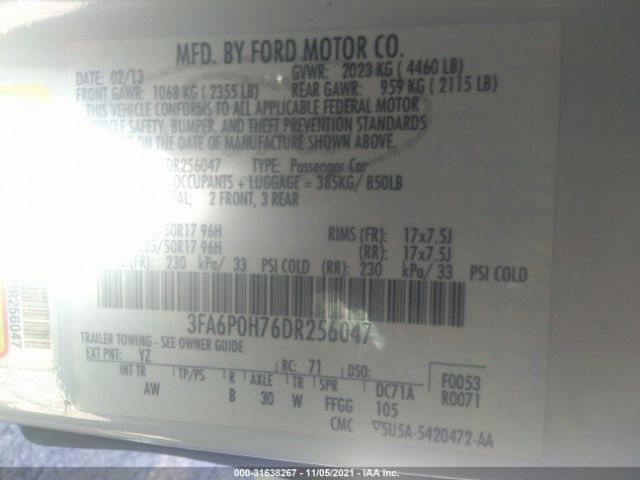 Photo 8 VIN: 3FA6P0H76DR256047 - FORD FUSION 