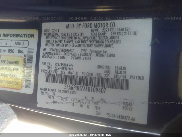 Photo 8 VIN: 3FA6P0H76FR109407 - FORD FUSION 