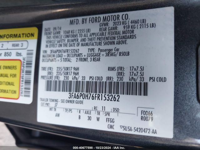 Photo 8 VIN: 3FA6P0H76FR153262 - FORD FUSION 