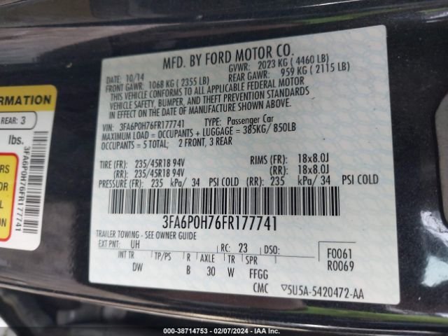 Photo 8 VIN: 3FA6P0H76FR177741 - FORD FUSION 