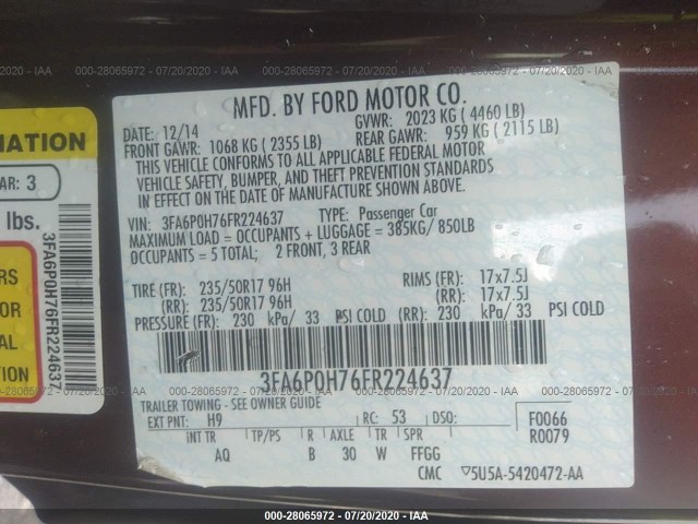 Photo 8 VIN: 3FA6P0H76FR224637 - FORD FUSION 