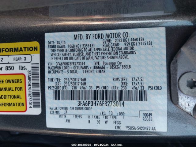 Photo 8 VIN: 3FA6P0H76FR273014 - FORD FUSION 