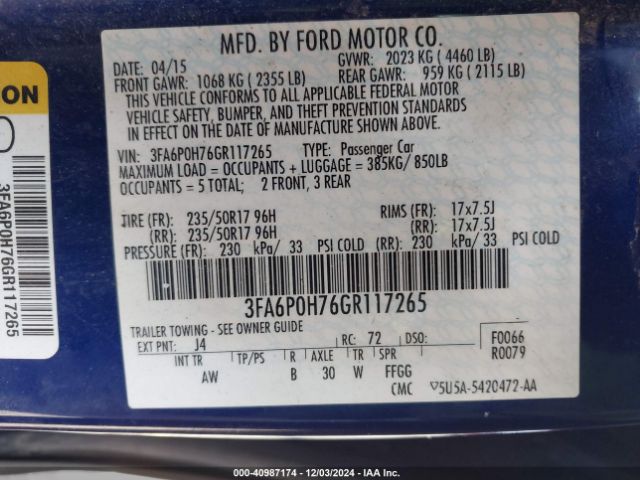 Photo 8 VIN: 3FA6P0H76GR117265 - FORD FUSION 