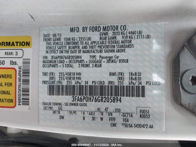 Photo 8 VIN: 3FA6P0H76GR205894 - FORD FUSION 