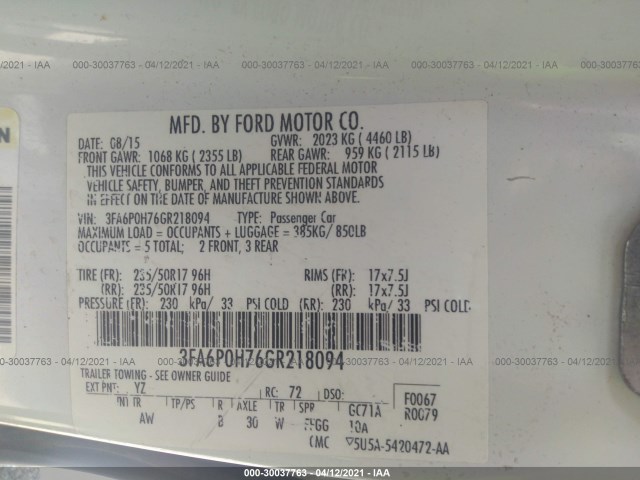 Photo 8 VIN: 3FA6P0H76GR218094 - FORD FUSION 