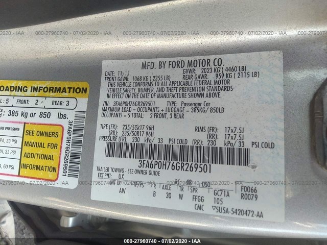 Photo 8 VIN: 3FA6P0H76GR269501 - FORD FUSION 