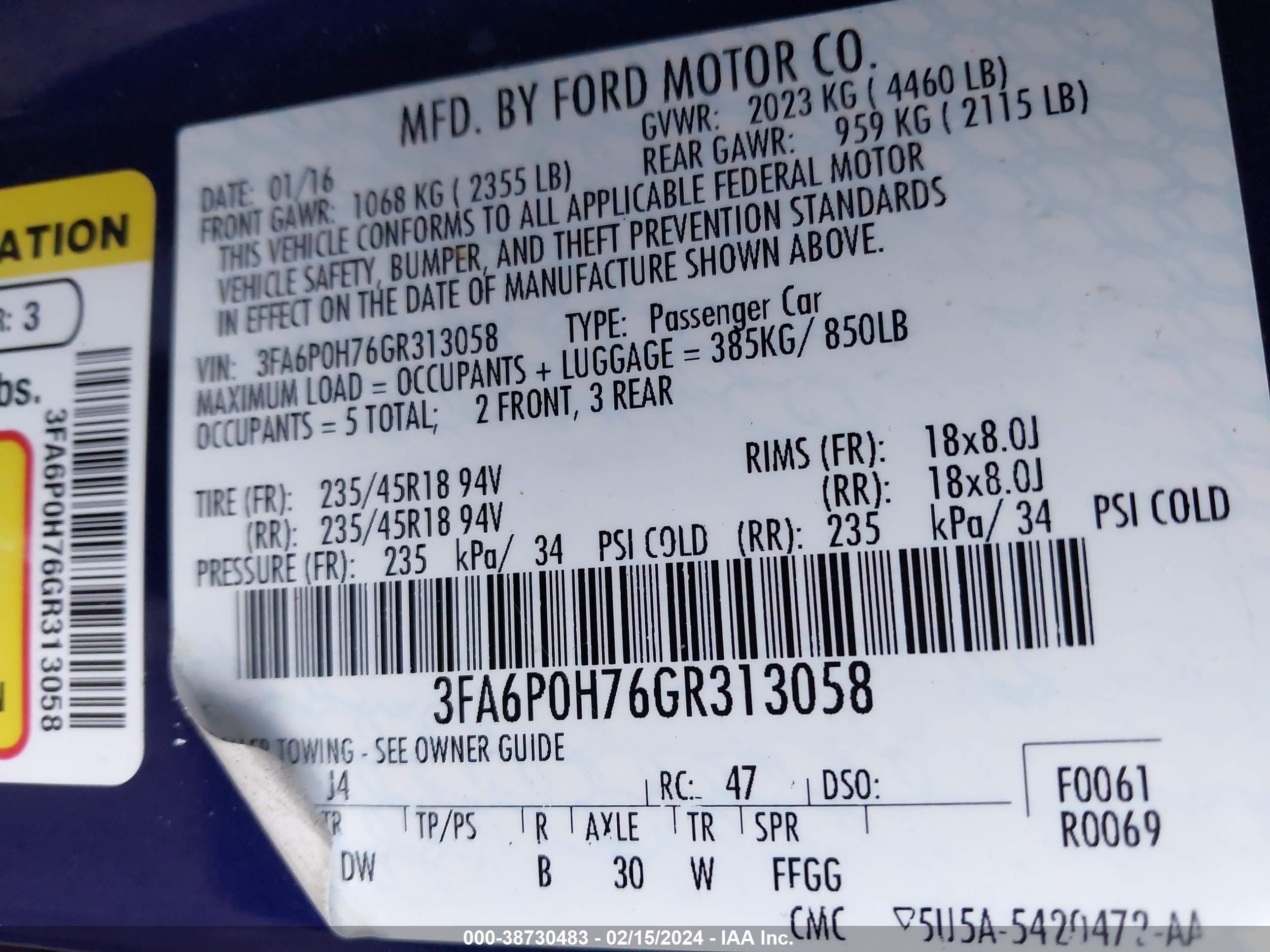 Photo 8 VIN: 3FA6P0H76GR313058 - FORD FUSION 