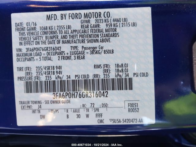 Photo 8 VIN: 3FA6P0H76GR316042 - FORD FUSION 