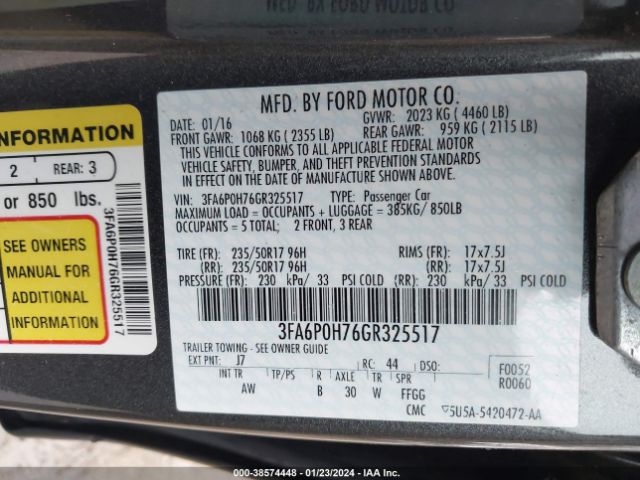 Photo 8 VIN: 3FA6P0H76GR325517 - FORD FUSION 