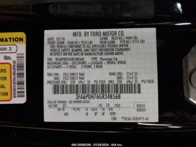 Photo 8 VIN: 3FA6P0H76GR348568 - FORD FUSION 