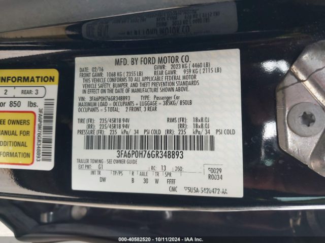 Photo 8 VIN: 3FA6P0H76GR348893 - FORD FUSION 