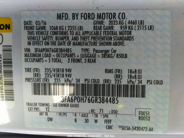 Photo 8 VIN: 3FA6P0H76GR384485 - FORD FUSION 