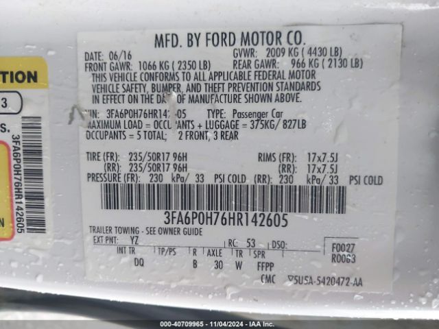 Photo 8 VIN: 3FA6P0H76HR142605 - FORD FUSION 