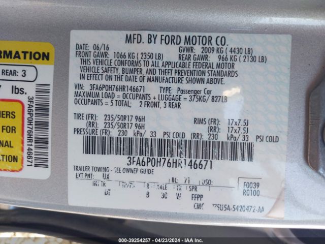 Photo 8 VIN: 3FA6P0H76HR146671 - FORD FUSION 