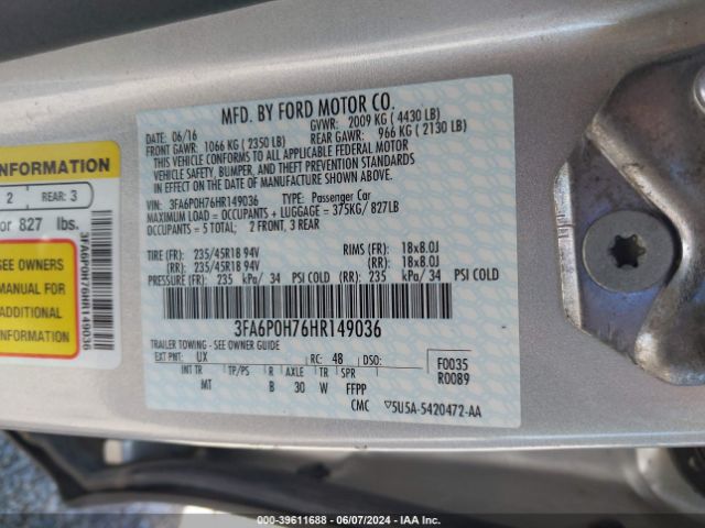 Photo 8 VIN: 3FA6P0H76HR149036 - FORD FUSION 