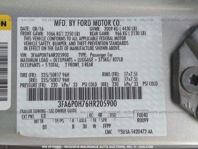 Photo 8 VIN: 3FA6P0H76HR205900 - FORD FUSION 