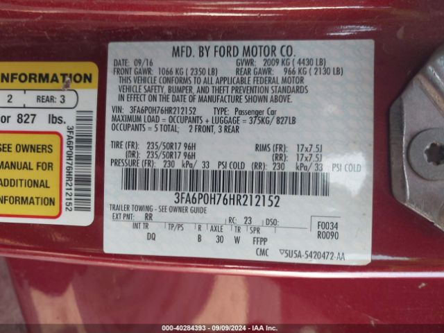 Photo 8 VIN: 3FA6P0H76HR212152 - FORD FUSION 