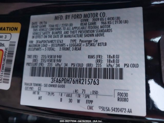 Photo 8 VIN: 3FA6P0H76HR215763 - FORD FUSION 