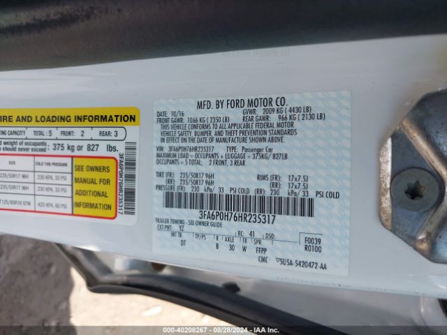 Photo 8 VIN: 3FA6P0H76HR235317 - FORD FUSION 