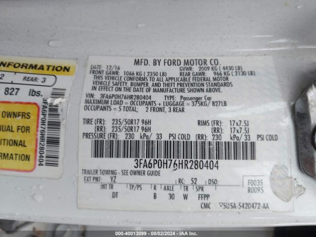 Photo 8 VIN: 3FA6P0H76HR280404 - FORD FUSION 