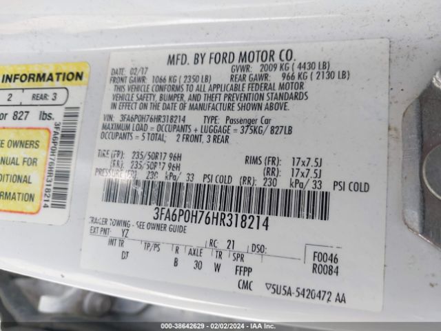 Photo 8 VIN: 3FA6P0H76HR318214 - FORD FUSION 