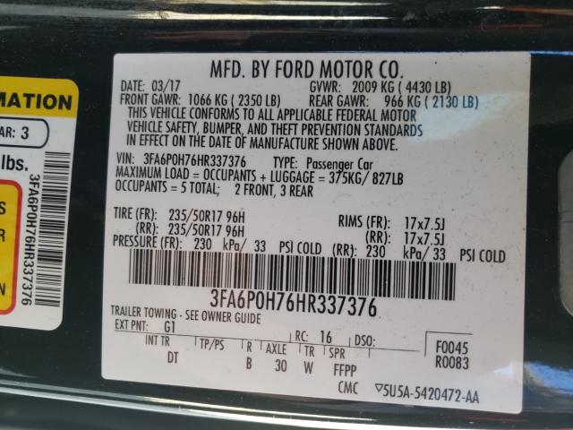 Photo 9 VIN: 3FA6P0H76HR337376 - FORD FUSION SE 