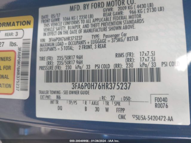 Photo 8 VIN: 3FA6P0H76HR375237 - FORD FUSION 