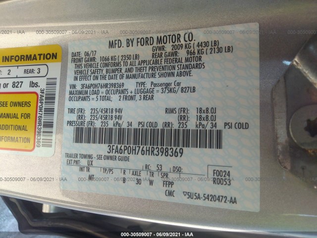 Photo 8 VIN: 3FA6P0H76HR398369 - FORD FUSION 