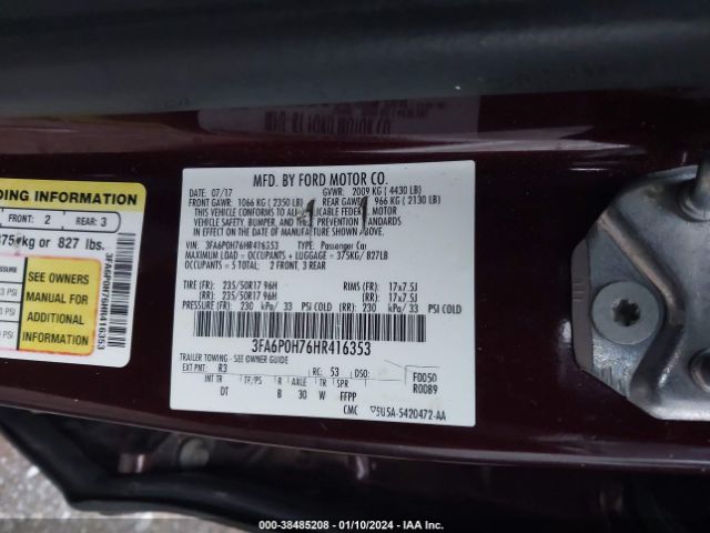 Photo 8 VIN: 3FA6P0H76HR416353 - FORD FUSION 