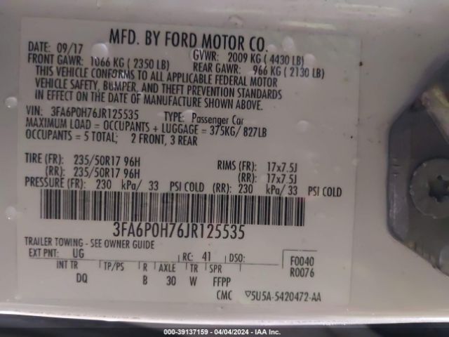 Photo 8 VIN: 3FA6P0H76JR125535 - FORD FUSION 