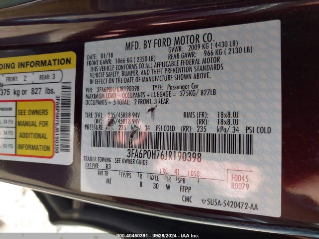 Photo 8 VIN: 3FA6P0H76JR190398 - FORD FUSION 