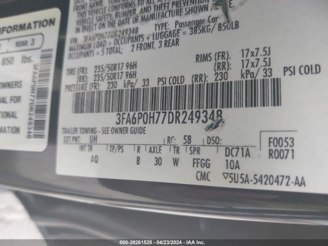 Photo 8 VIN: 3FA6P0H77DR249348 - FORD FUSION 