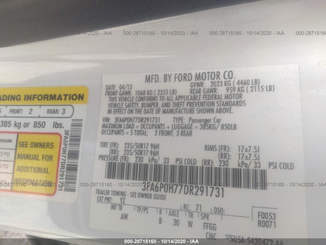 Photo 8 VIN: 3FA6P0H77DR291731 - FORD FUSION 