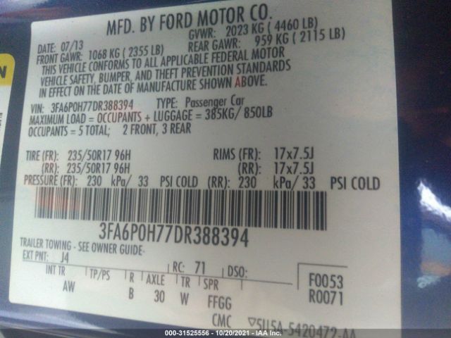 Photo 8 VIN: 3FA6P0H77DR388394 - FORD FUSION 