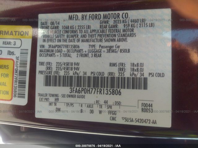 Photo 8 VIN: 3FA6P0H77FR135806 - FORD FUSION 