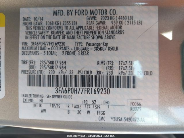 Photo 8 VIN: 3FA6P0H77FR169230 - FORD FUSION 