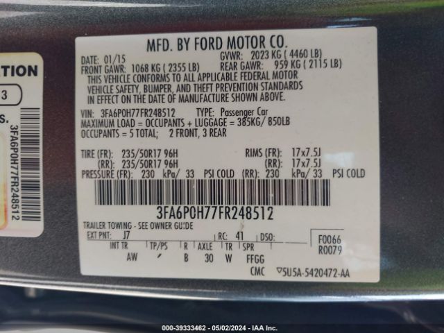 Photo 8 VIN: 3FA6P0H77FR248512 - FORD FUSION 