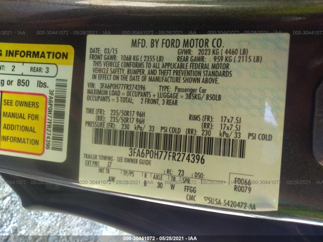 Photo 8 VIN: 3FA6P0H77FR274396 - FORD FUSION 