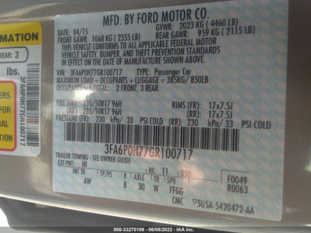 Photo 8 VIN: 3FA6P0H77GR100717 - FORD FUSION 