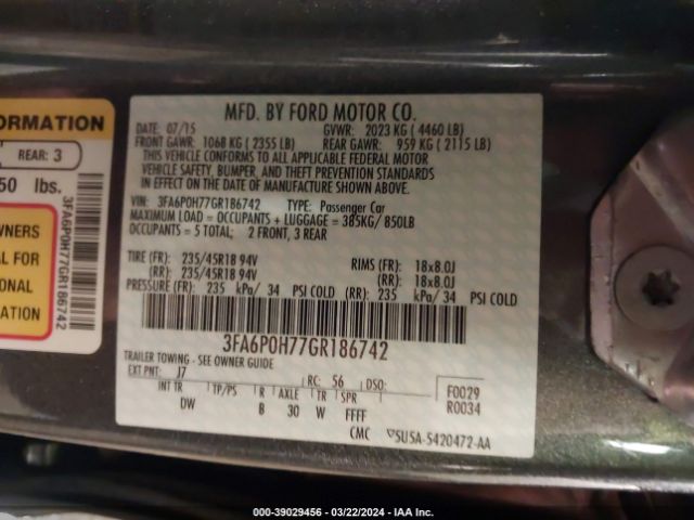 Photo 8 VIN: 3FA6P0H77GR186742 - FORD FUSION 