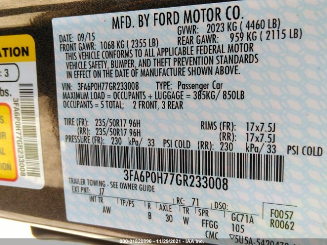 Photo 8 VIN: 3FA6P0H77GR233008 - FORD FUSION 