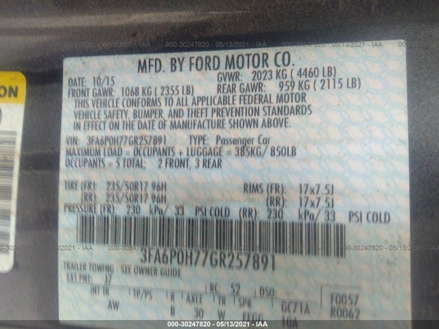 Photo 8 VIN: 3FA6P0H77GR257891 - FORD FUSION 