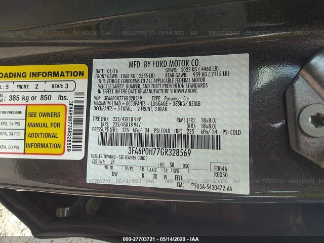 Photo 8 VIN: 3FA6P0H77GR328569 - FORD FUSION 