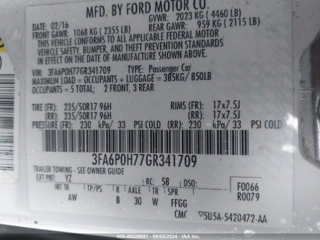 Photo 8 VIN: 3FA6P0H77GR341709 - FORD FUSION 