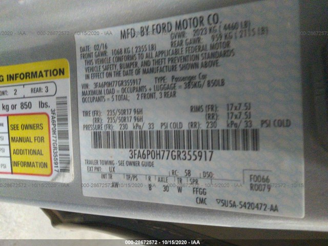 Photo 8 VIN: 3FA6P0H77GR355917 - FORD FUSION 